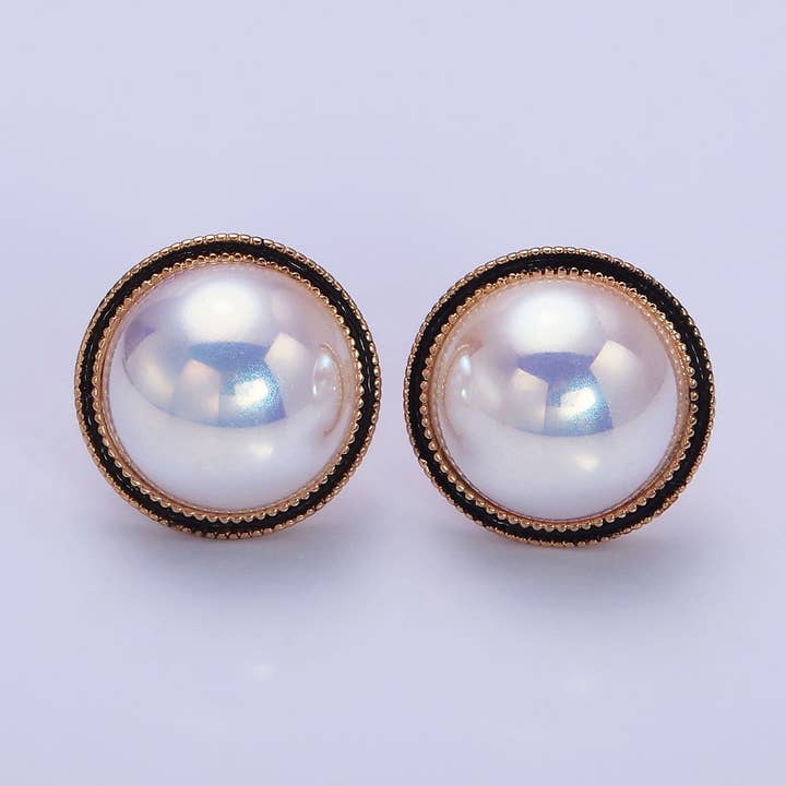 18K Gold Filled Rounded Pearl Black Enamel Stud Earrings for wholesale by Aim Eternal