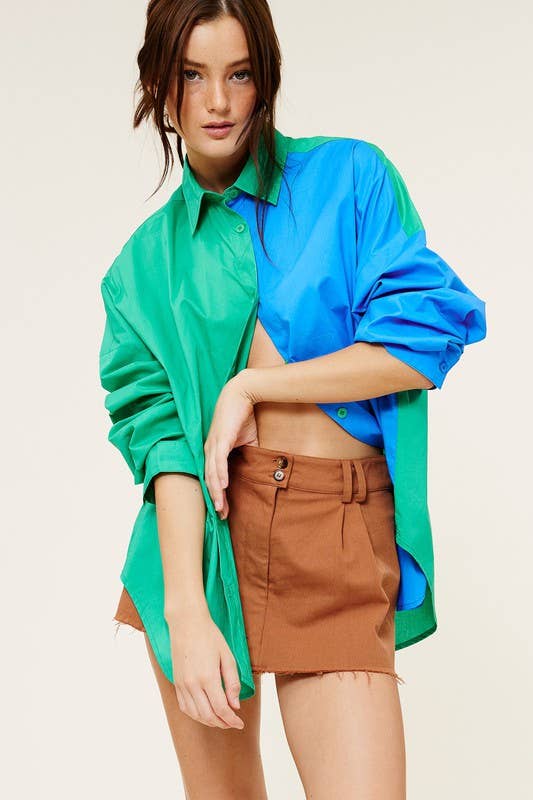 Mimosa - Wholesale Button Down Shirt - Women's - Color-Block Oversized Button Down Shirt10
