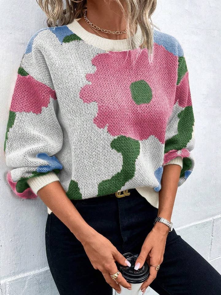NINEXIS - Wholesale Knit Sweater - Women's - CWOSWL5555_JACQUARD CREW NECK LONG SLEEVE KNITTED SWEATER