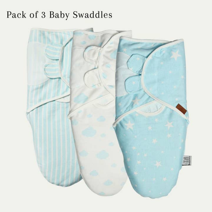 Baby Swaddle Pack of 3 Light Blue (Stripes, Clouds, Stars) for wholesale by Cotton Passion