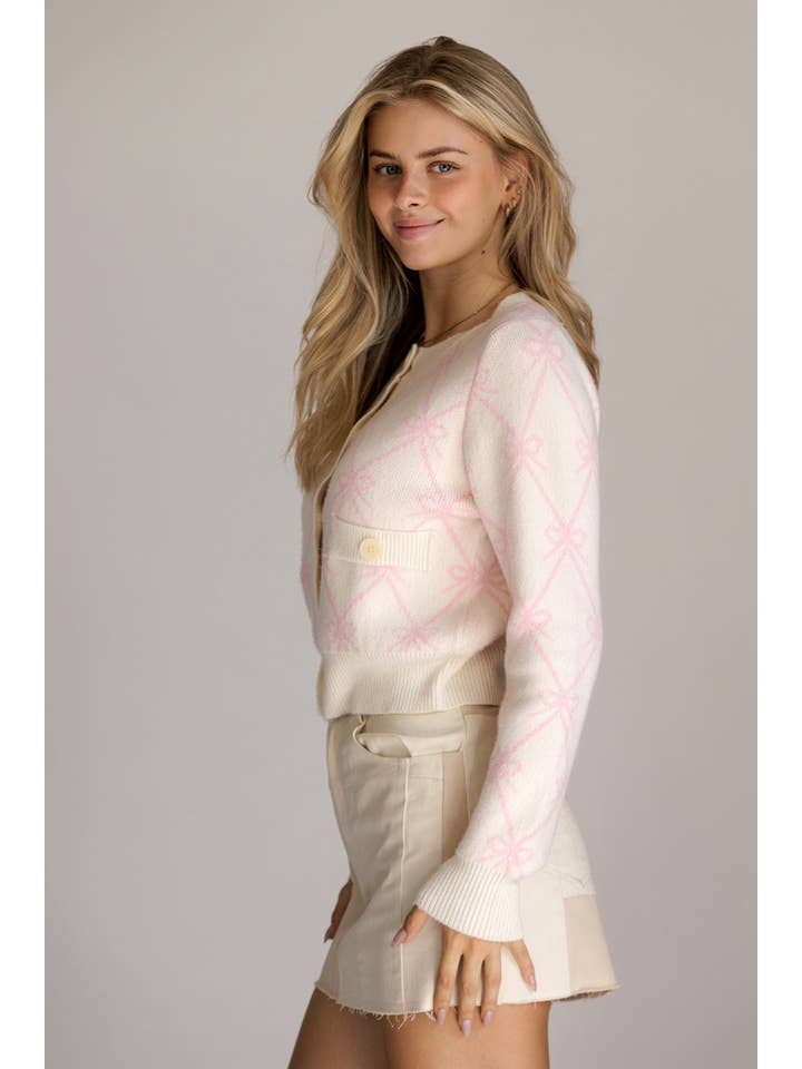 CREAM PINK JT10163 - BOW KNIT CARDIAN WITH POCKETS for wholesale on Faire4