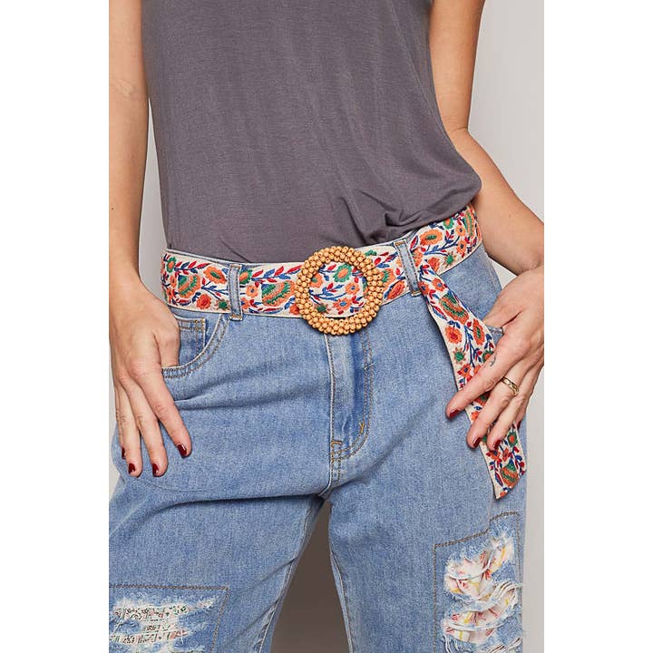 CREAM BLUE Beaded circle buckle floral pattern belt for wholesale on Faire