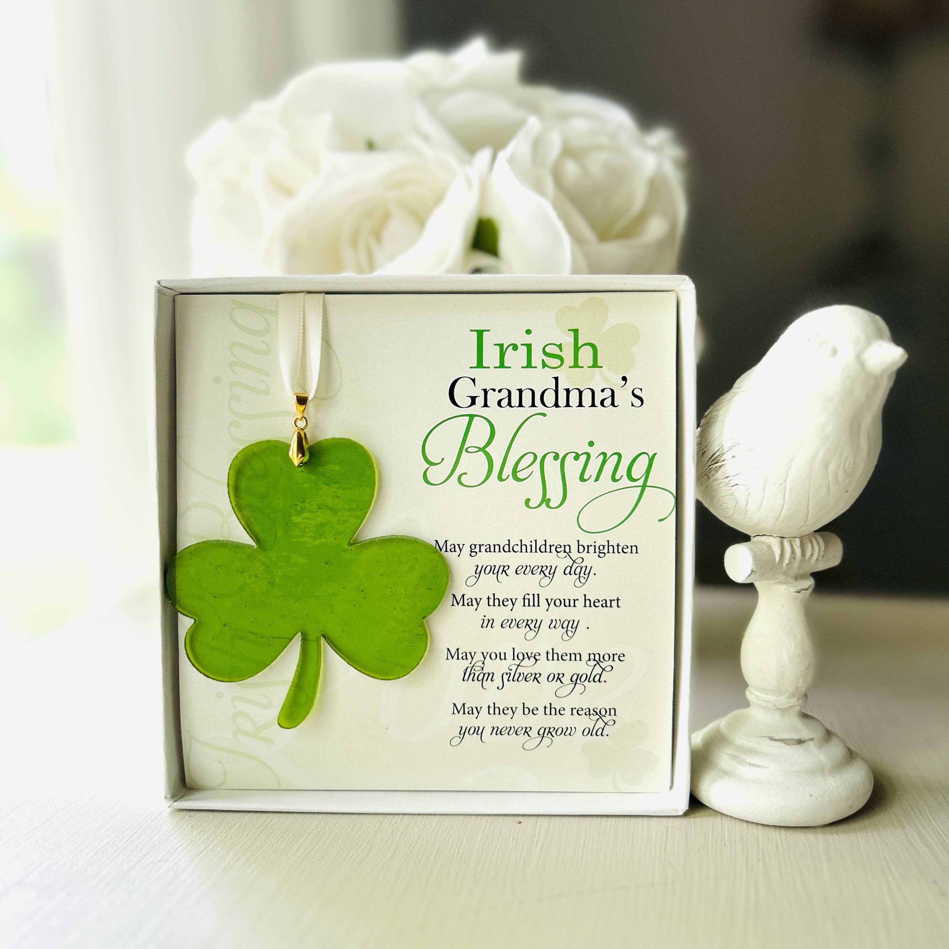 The Grandparent Gift Co. Inc. - Wholesale Ornament - Irish Grandma Gift Blessing Card & USA Glass Shamrock 78121