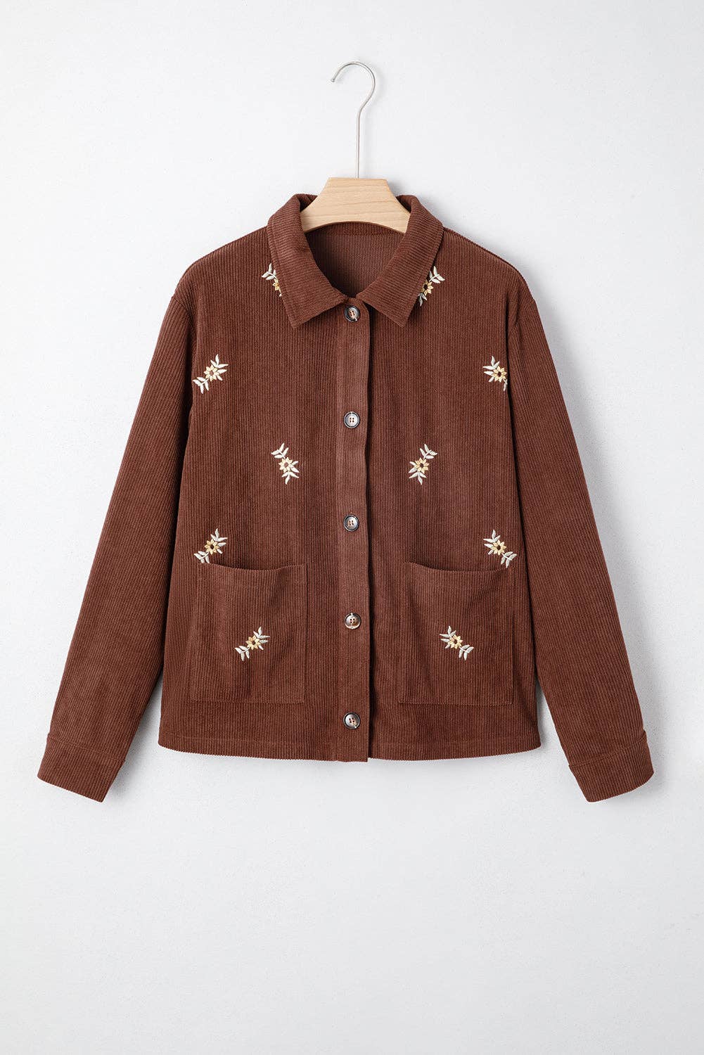 Coffee Floral Corduroy Embroidered Button-Front Jacket for wholesale on Faire5