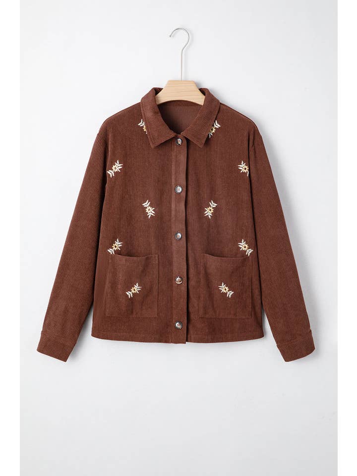 Coffee Floral Corduroy Embroidered Button-Front Jacket for wholesale on Faire5
