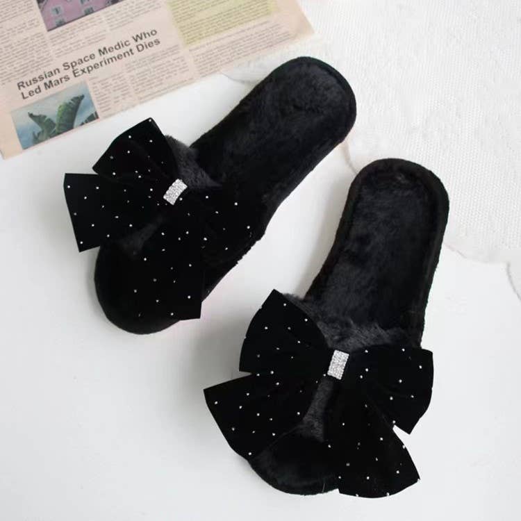 PEACH ACCESSORIES – wholesale Slippers – Women's – Soft Bow Slippers with Sparkle Detail in Black 19561