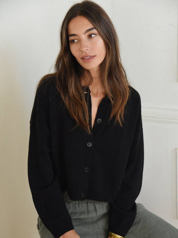 The Cashmere Kaia Cropped Cardigan // Noir for wholesale by Beachwood The Label