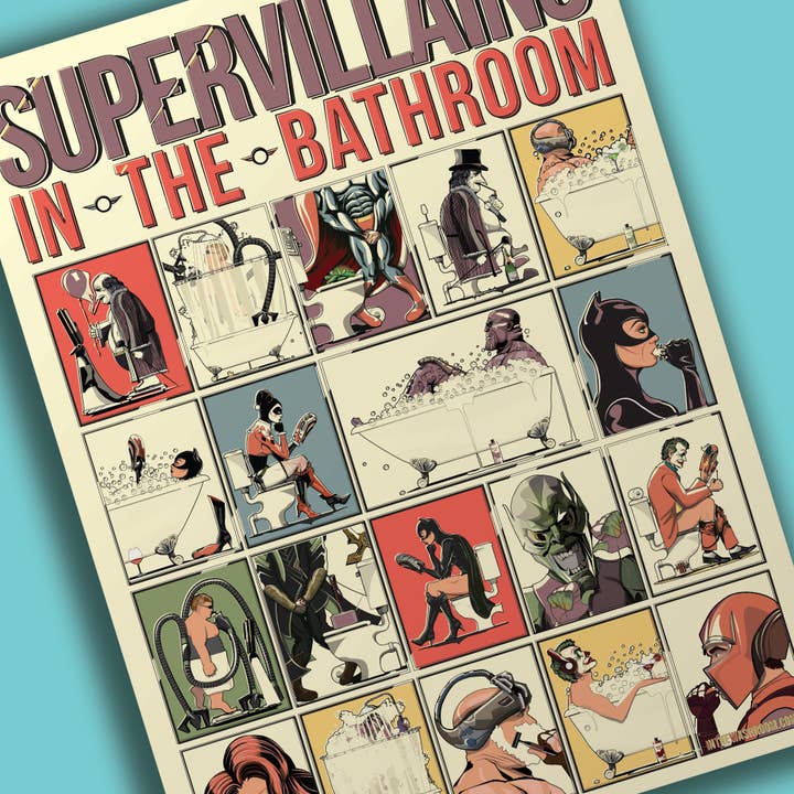 In The Washroom - Vente Poster - Affiche de bain humoristique « Supervilains dans la salle de bain ».4