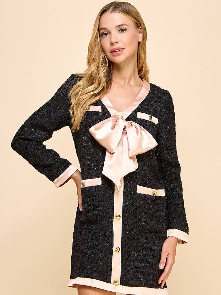 CD04996-Robe à manches longues en tweed métallisé avec nœud pour la vente par TCEC