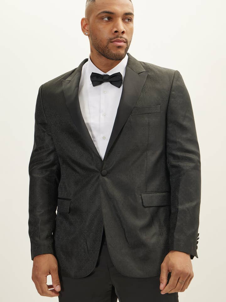 Men's Peak Lapel Tuxedo Jacket - Oriental Jacquard Black for wholesale by Ron Tomson