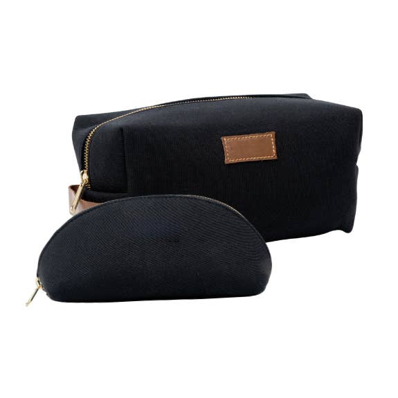 Trousse de toilette en toile portable et pochette de voyage – Sac de rangement en coton durable pour l'organisation de voyage | Noir, ensemble de 2 pour la vente par House of cotton