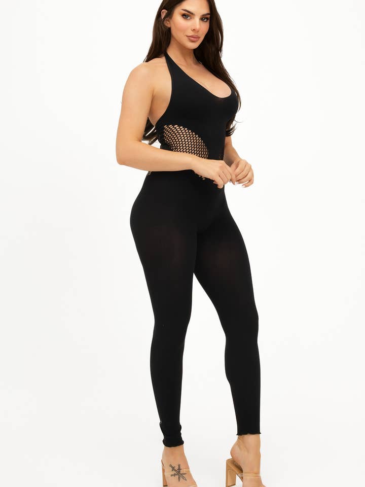 Black Seamless Front Fishnet Open Back Halter Jumpsuit for wholesale on Faire2