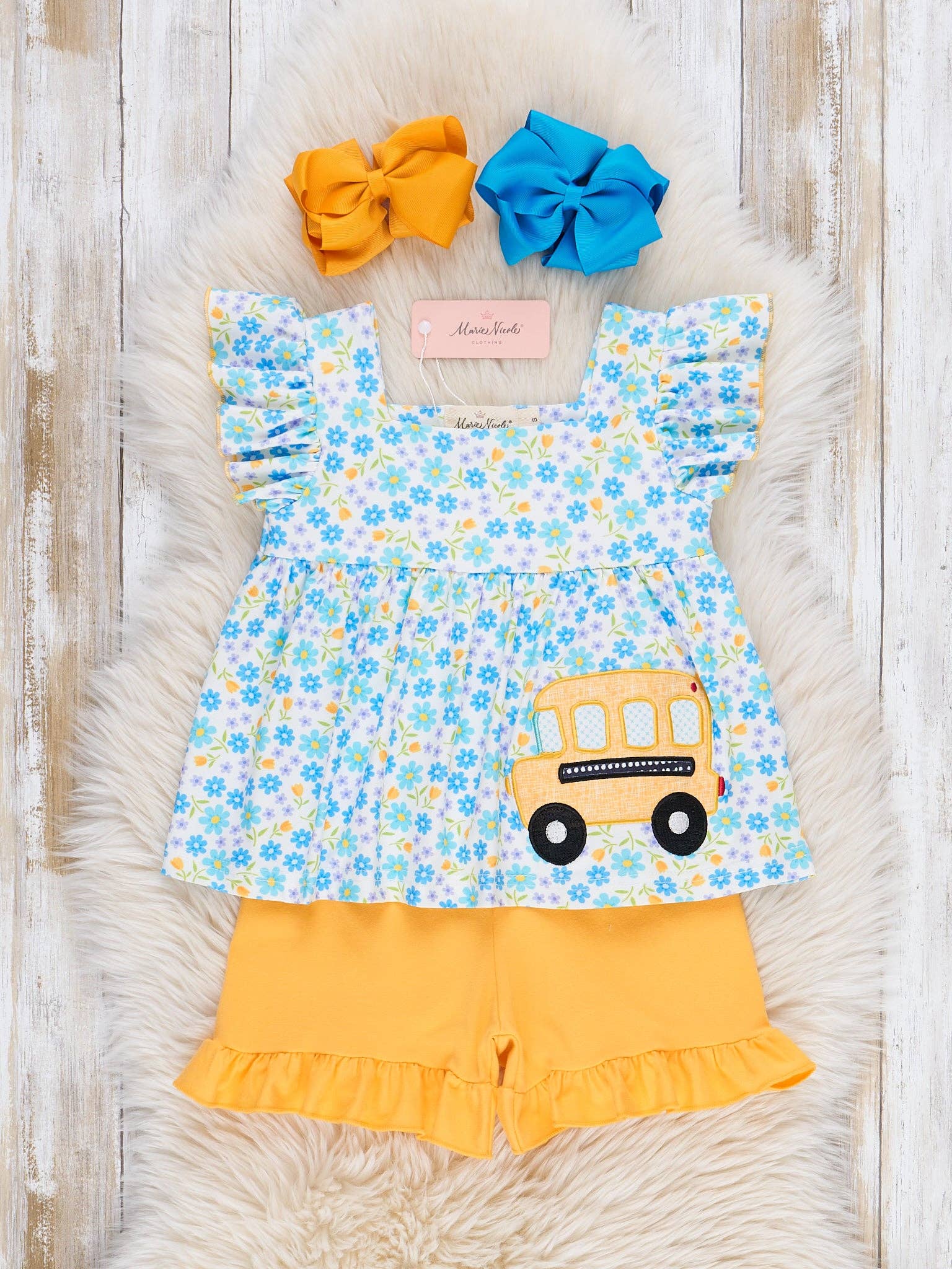 Marie Nicole Clothing - Wholesale Top & Short Set - Kids - Floral Embroidered Bus Route Ruffle Outfit0
