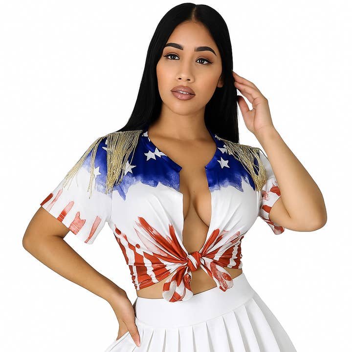 MB Fashion Wholesale - Wholesale Blouse - Women's - MB FASHION Patriotic Tie Front Crop Fringe Sleeves 2017LY5