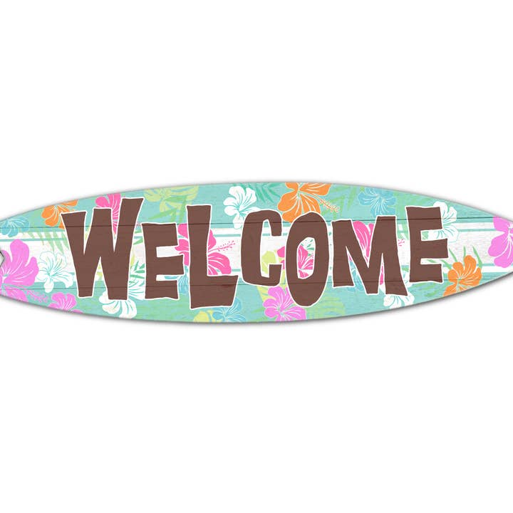 MINI 23" SURF BOARD WALL ACCENT WELCOME HIBISCUS TEAL for wholesale by Jarmz Designs