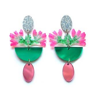 Orecchini a forma di fiore in acrilico con glitter, colore: rosa e verde per la vendita all'ingrosso da parte di Boo and Boo Factory