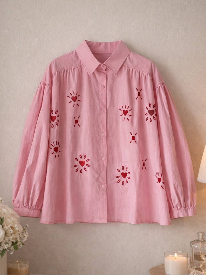 Broderad hjärta puffärm skjorta – En storlek överdimensionerad passform för wholesale av Little Light