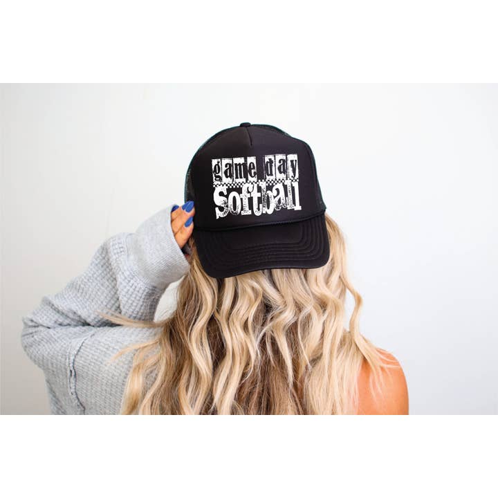 Southern Attitude Designs Inc - Wholesale Trucker Hat - Women's - Game Day Softball DTF Printed Black Trucker Hat