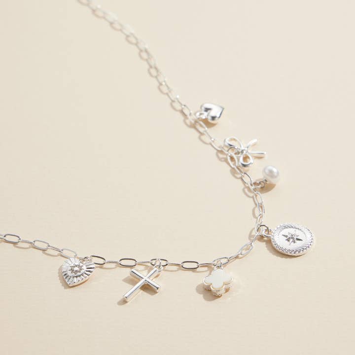 Frem - Wholesale Pendant/Charm Necklace - Charm Necklace with Heart, Cross, Compass & Bow Pendants
