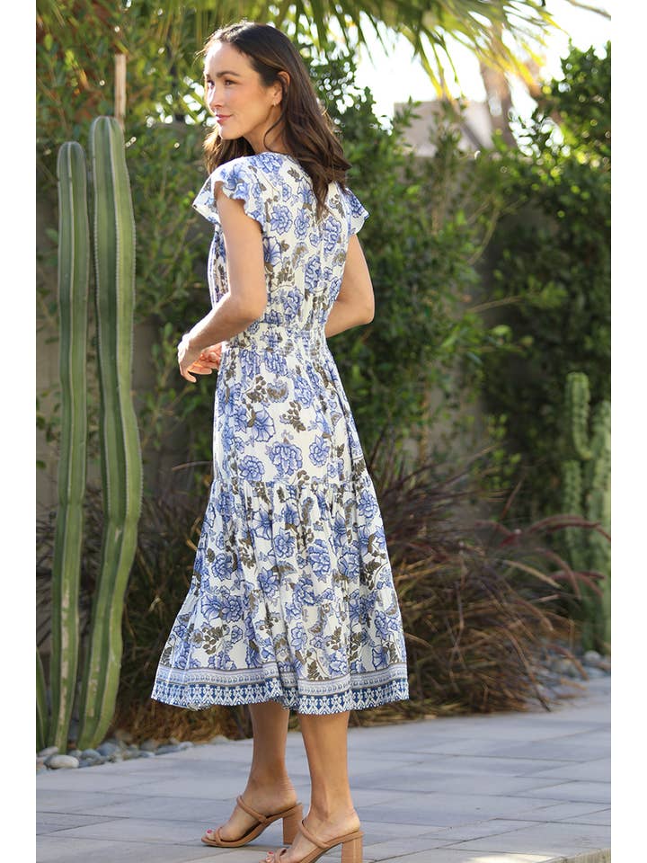 Nostalgia - Wholesale Dress - Women's - E1S44-A944 V NECK MIDI DRESS WITH SMOCKED WAIST