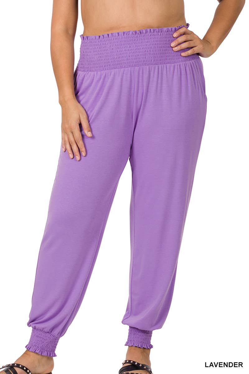 GOLDENWASABI  ",.._ SI-21345 PLUS SIZE HIGH-WAISTED SMOCKED LOUNGE JOGGER PAN for wholesale on Faire1