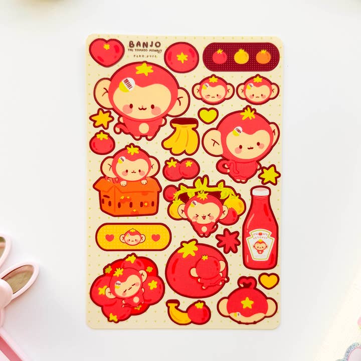 Banjo der Tomatenaffe Matte Wasserdichte Deko-Aufkleberbogen für den Großhandel von PekoPuff