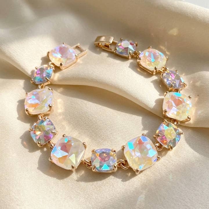 Cushion Cut Glass Crystal Linked Station Bracelet for wholesale by StarryNYC