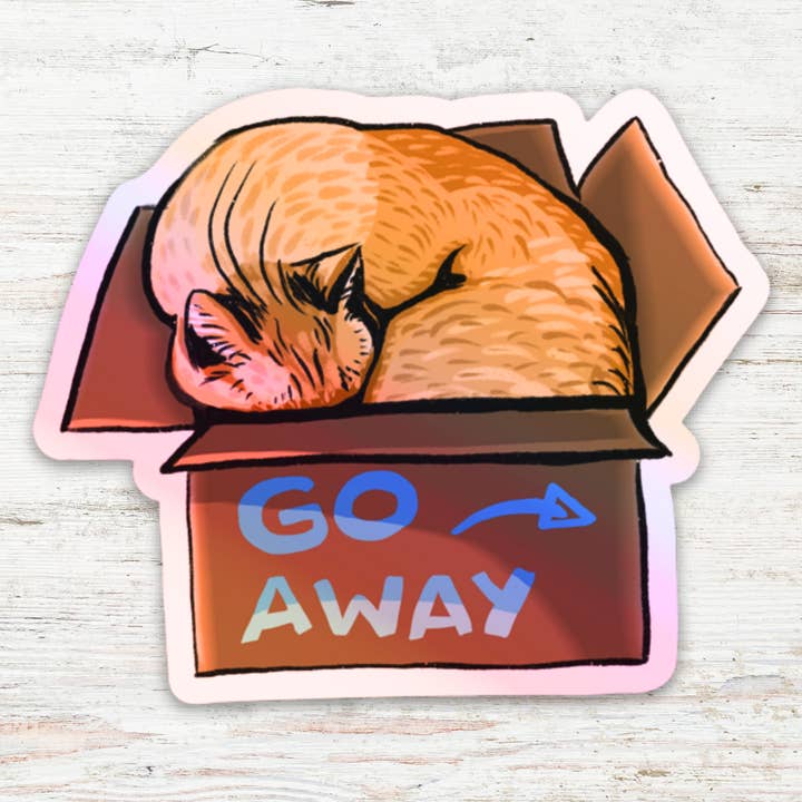Go Away Cat in Box Holographic Vinyl Sticker for wholesale by Angry Gato Designs