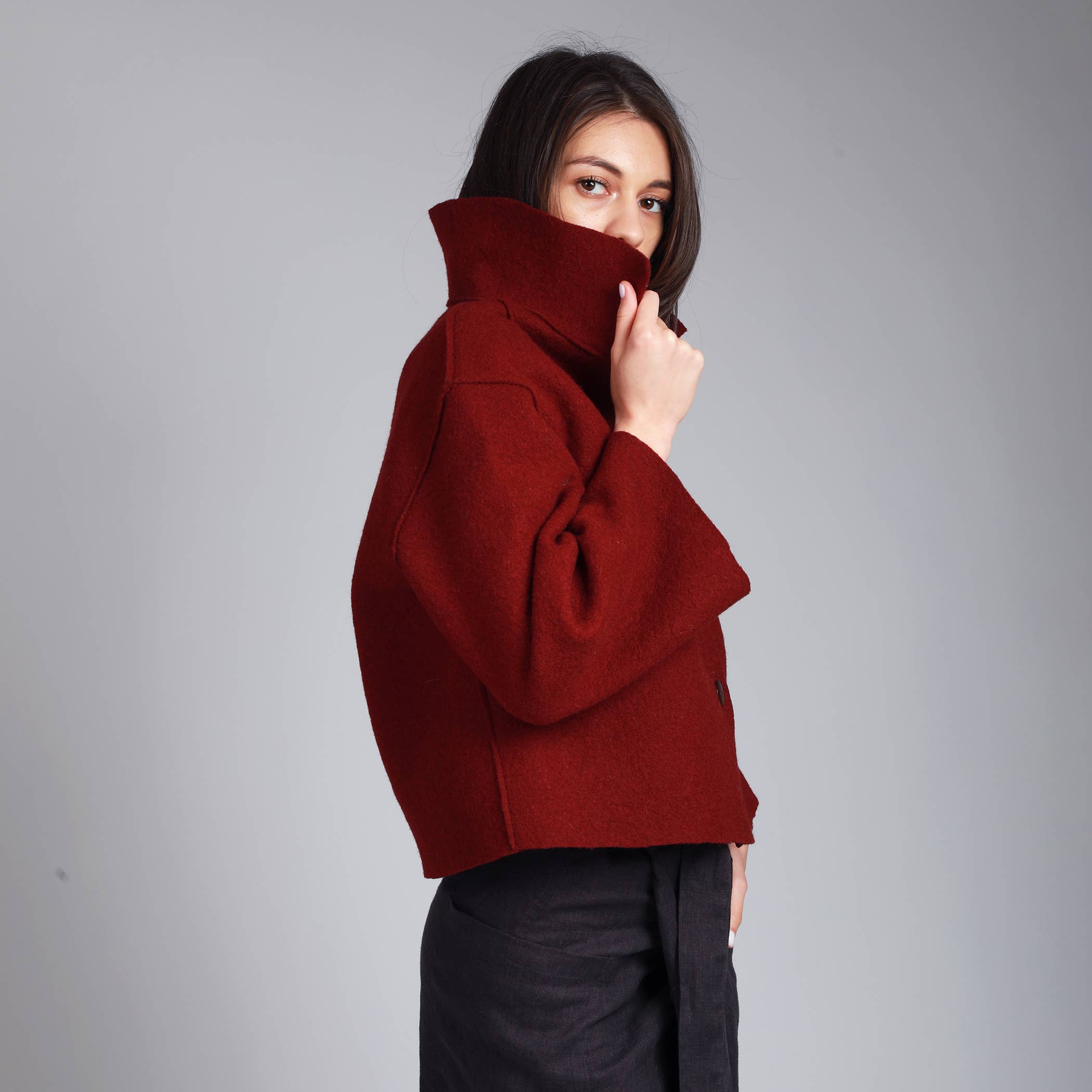 Knotium - Wholesale Jacket - Women's - FRANKIE Unlined Cropped Boiled Wool Cape Jacket7