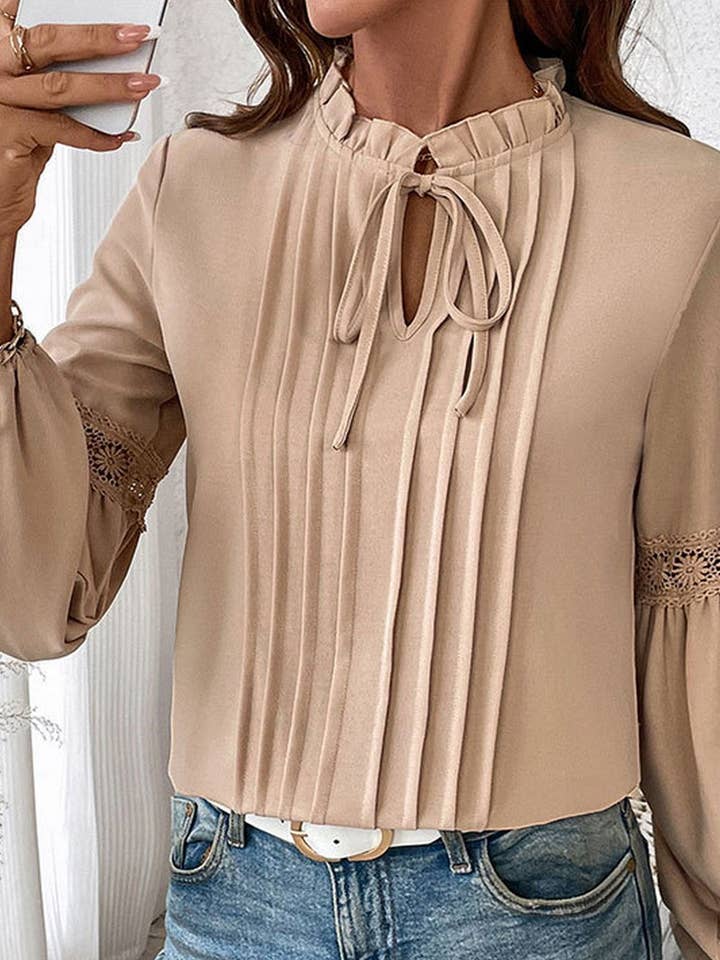 KHAKI CWTBLL3704_AUTUMN SOLID COLOR CASUAL V-NECK TEMPERAMENT SHIR for wholesale on Faire1