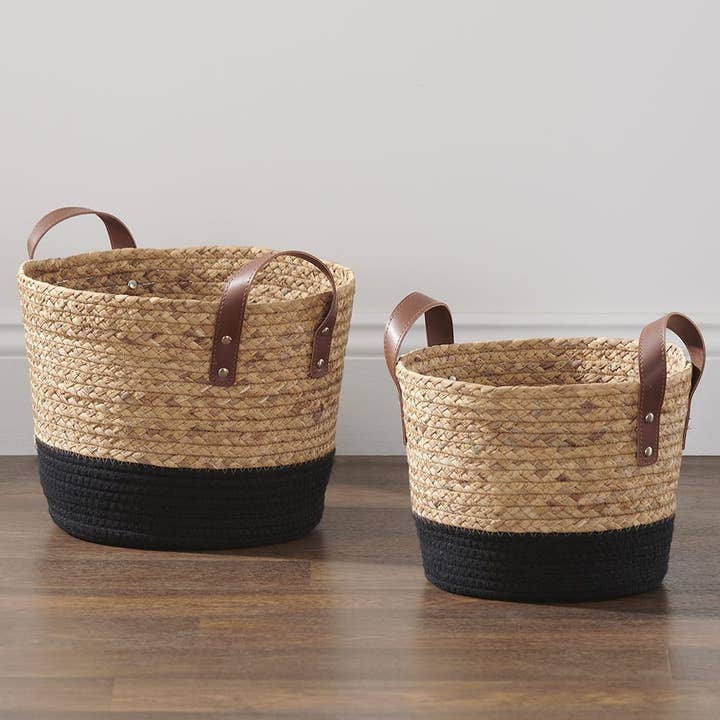 New Signature Homestyles - Wholesale Basket - Natural Hyacinth and Black Cord 2-pc Basket Set with Handles