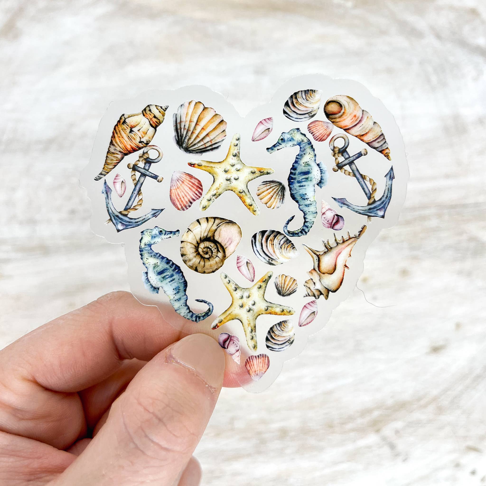 Savannah and James Co - Wholesale Sticker - Sea Shell Heart Clear Beach Sticker, 3x3 inch