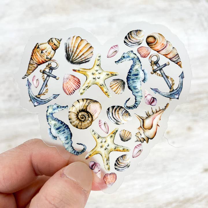 Savannah and James Co - Wholesale Sticker - Sea Shell Heart Clear Beach Sticker, 3x3 inch0
