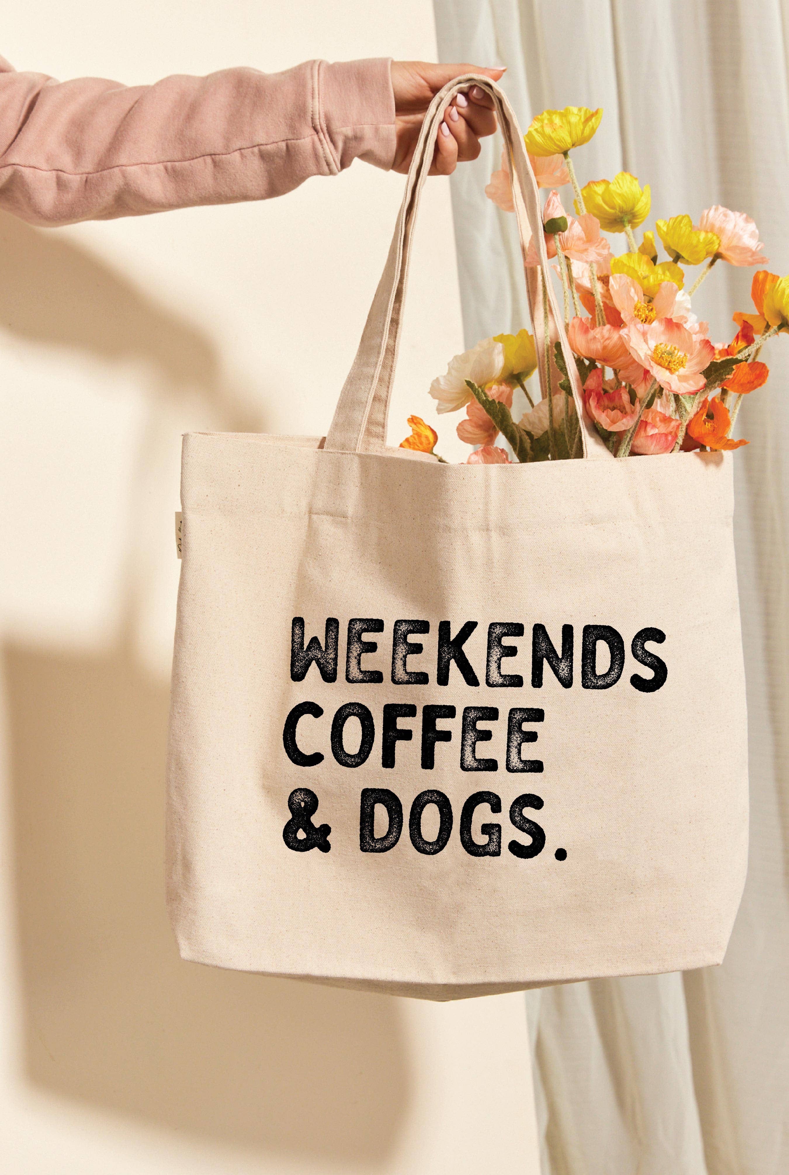NATURAL WEEKENDS COFFEE AND DOGS Canvas Tote Bag for wholesale on Faire1
