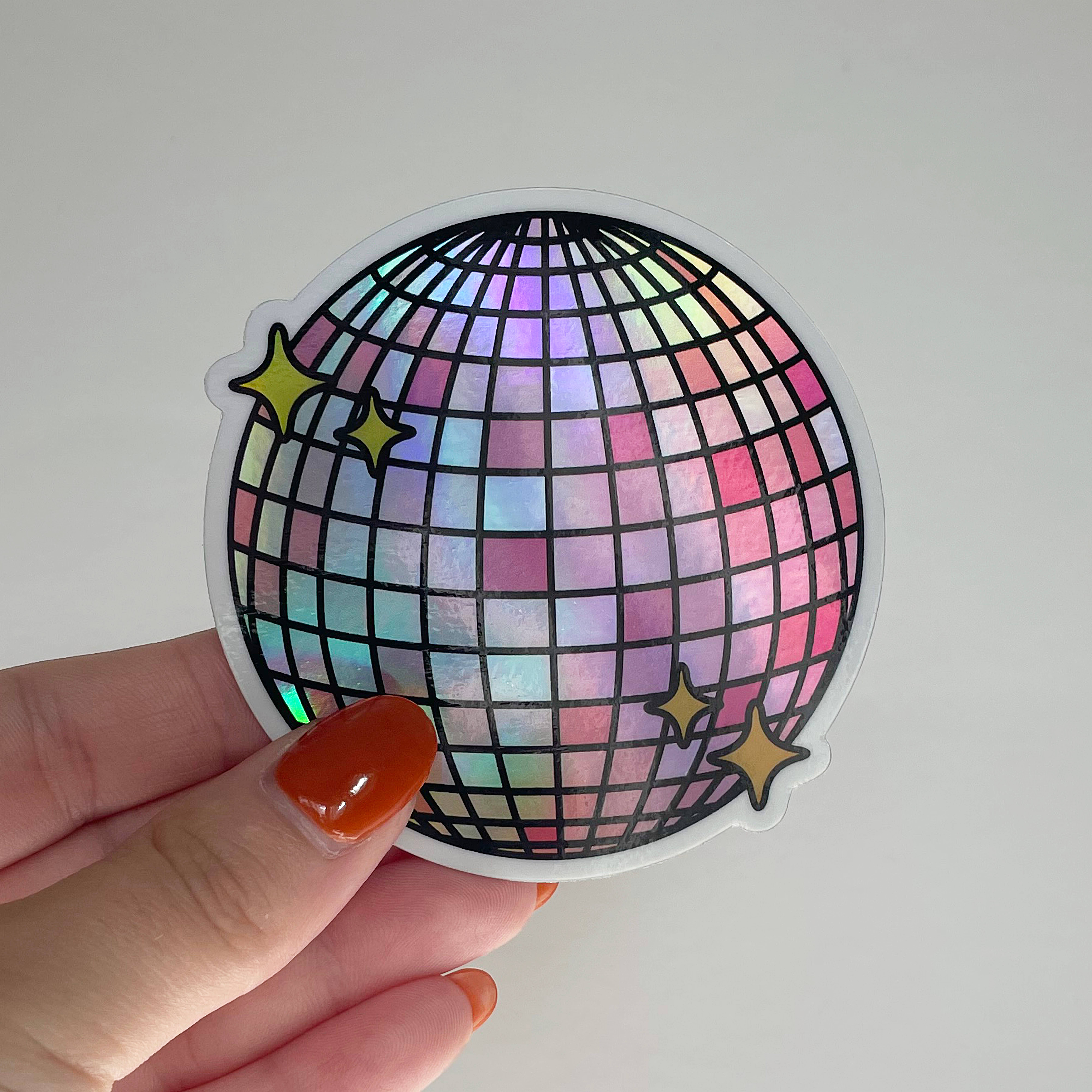 Jocelyn Diebolt Designs - Vente Autocollant - Autocollant rose holographique en forme de boule à facettes1