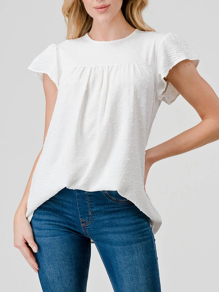 Haut tissé à manches volantées et à pois suisses, WT714 pour la vente par Heimious