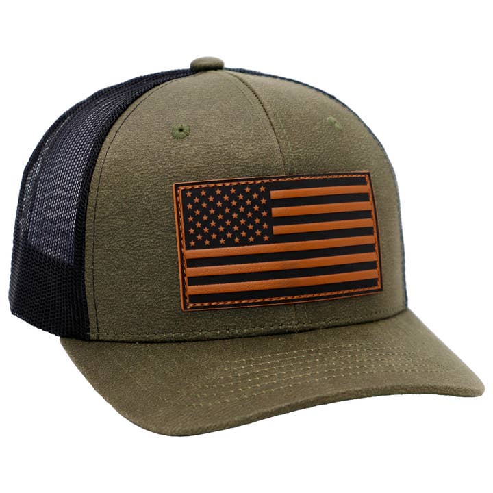 Cap Zone - Wholesale Trucker Hat - Unisex - American Flag Patch Oiled Faux Leather Trucker Hat