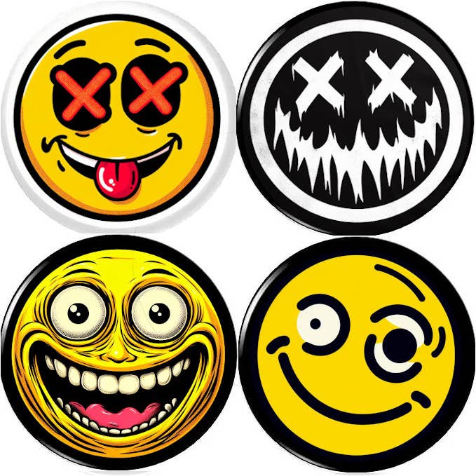 Crazy Punk Smiley Face x 4 LARGE 2.25" Inch (57mm) set pins for wholesale by Pinbax Express