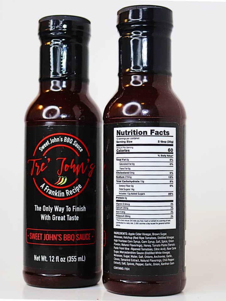 12fl oz. Sweet John's BBQ Sauce for wholesale by Tre'Johns LLC
