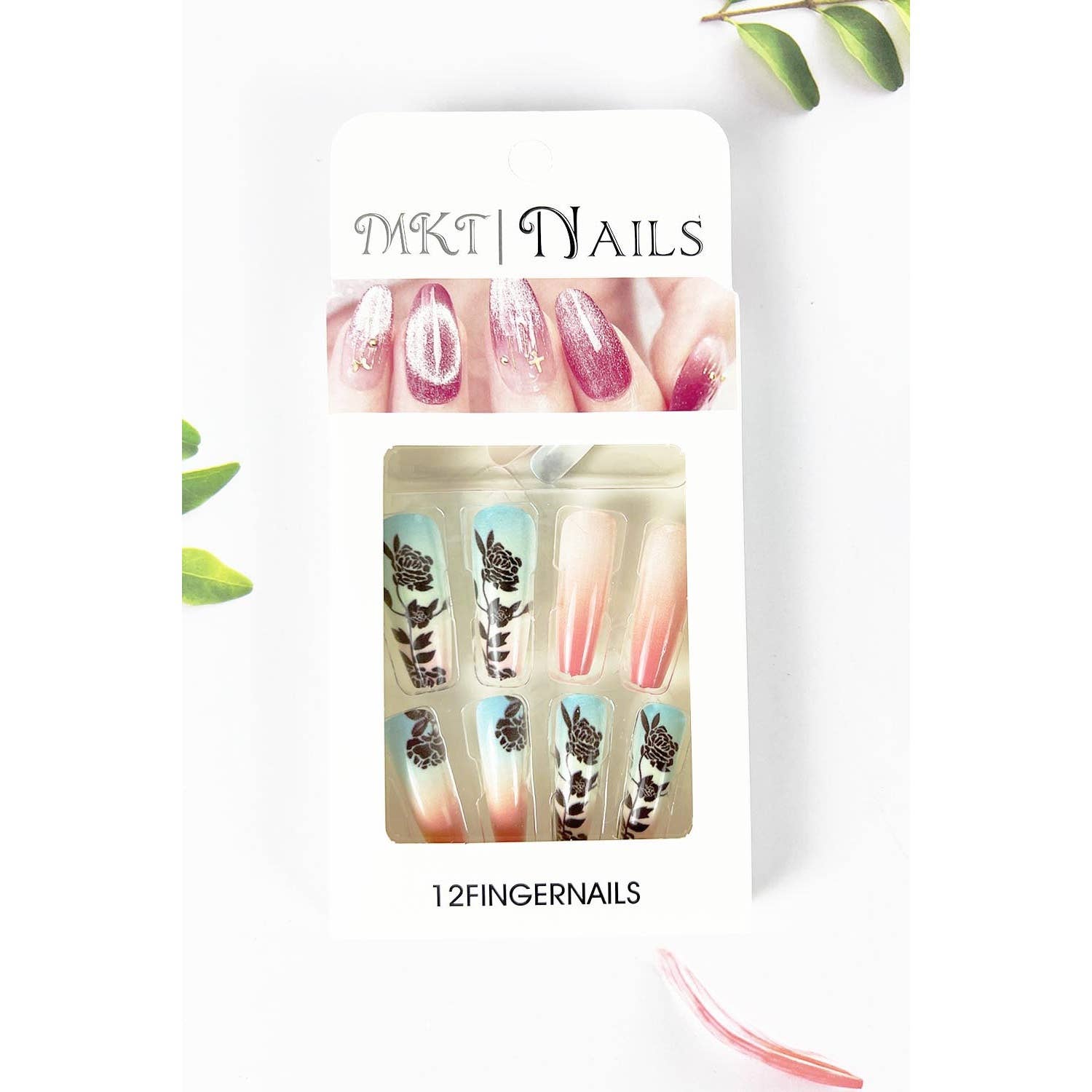 ASSORTED LONG COFFIN SHAPED PRE GLUED NAIL OF BUTTERFLY FLOWER PRINT for wholesale on Faire3