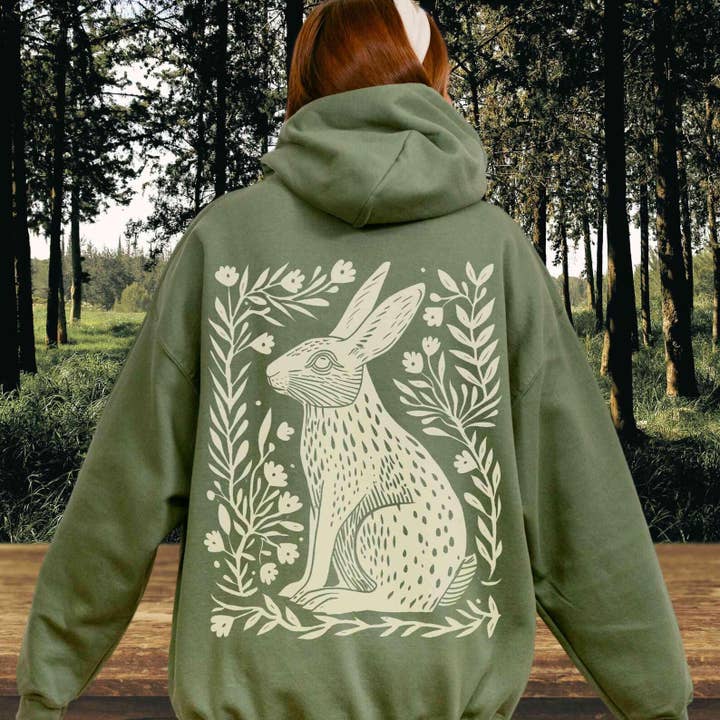 Folk Art Bunny Hoodie | Nature Hoodie | Graphic Hoodie for wholesale by Sisterly Gifts Shop
