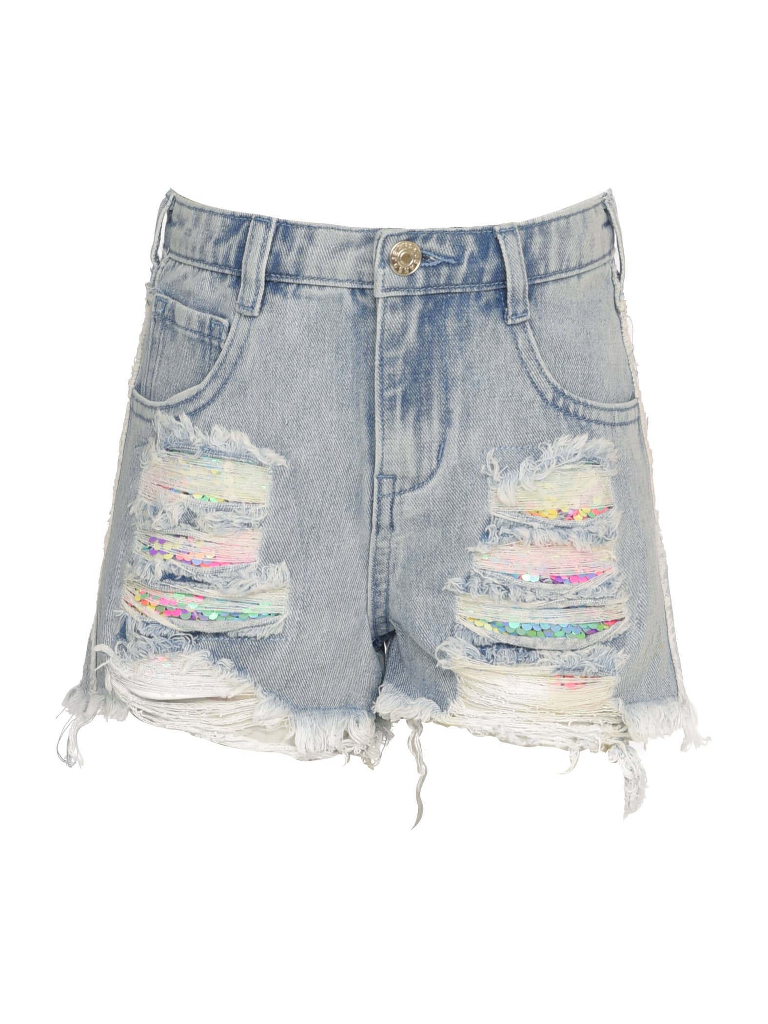 STONEWASH DENIM SHORTS W/ SEQUIN DISTRESS for wholesale on Faire