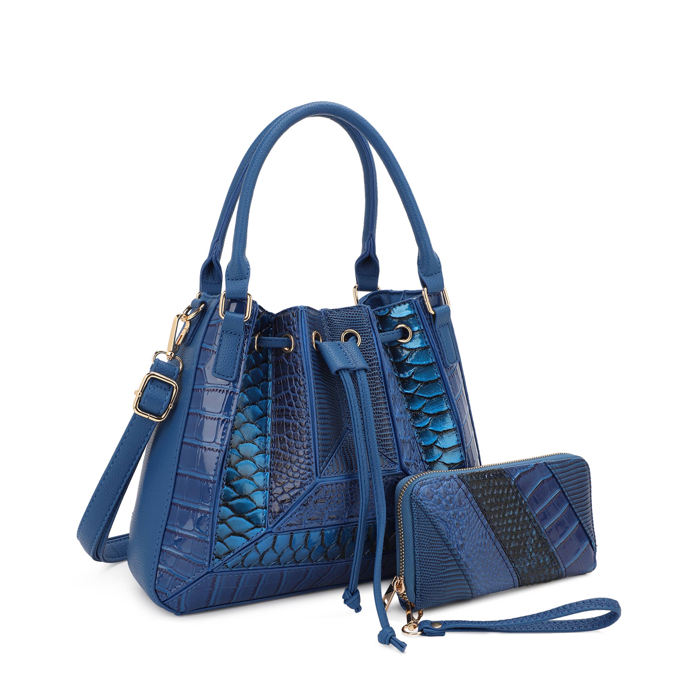 Black ROWENA PATCHWORK BUCKET BAG SET WITH WALLET for wholesale on Faire6