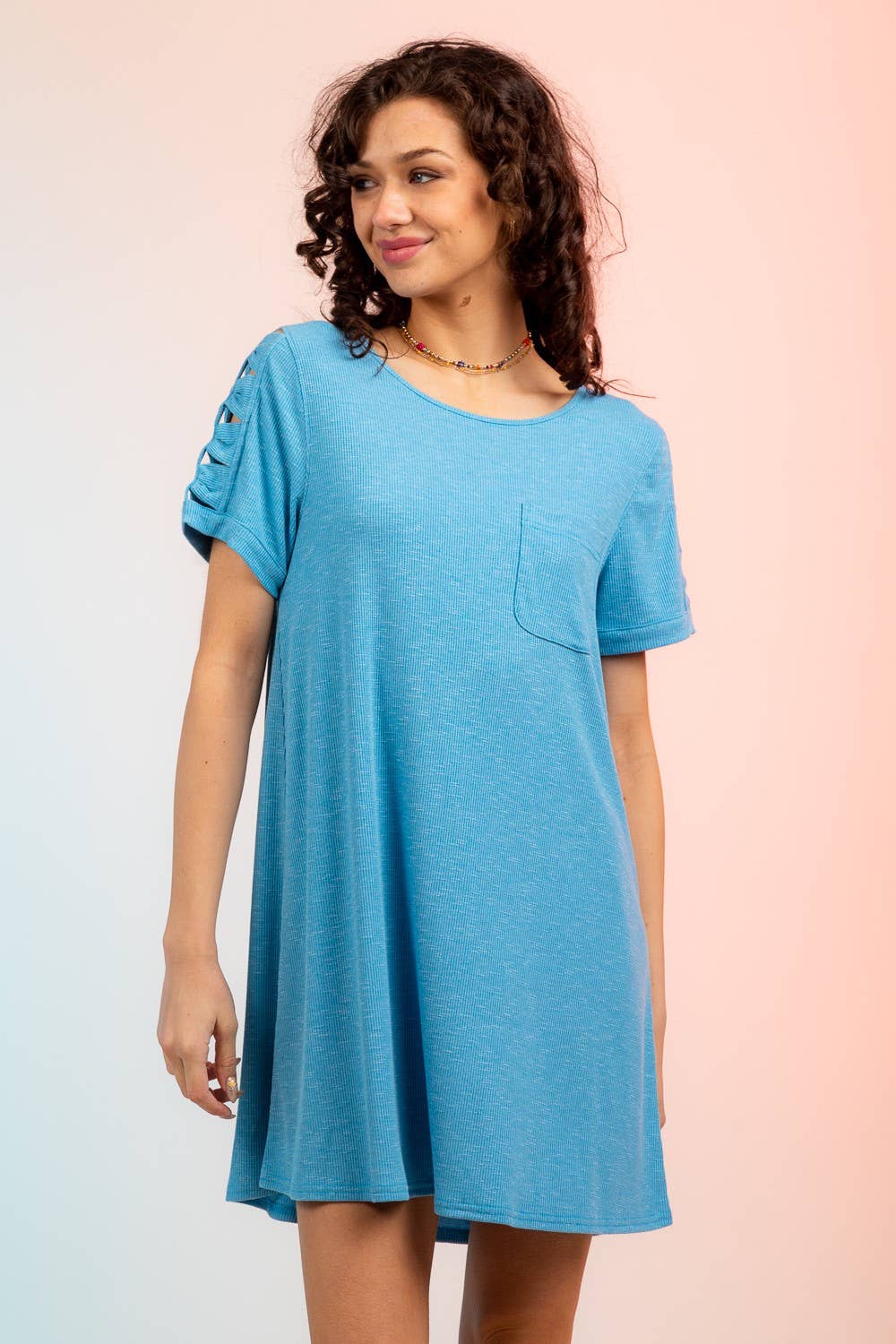 VERY J - Wholesale Dress - Women's - ND30836-Ruched Cutout Sleeve Tee Dress14