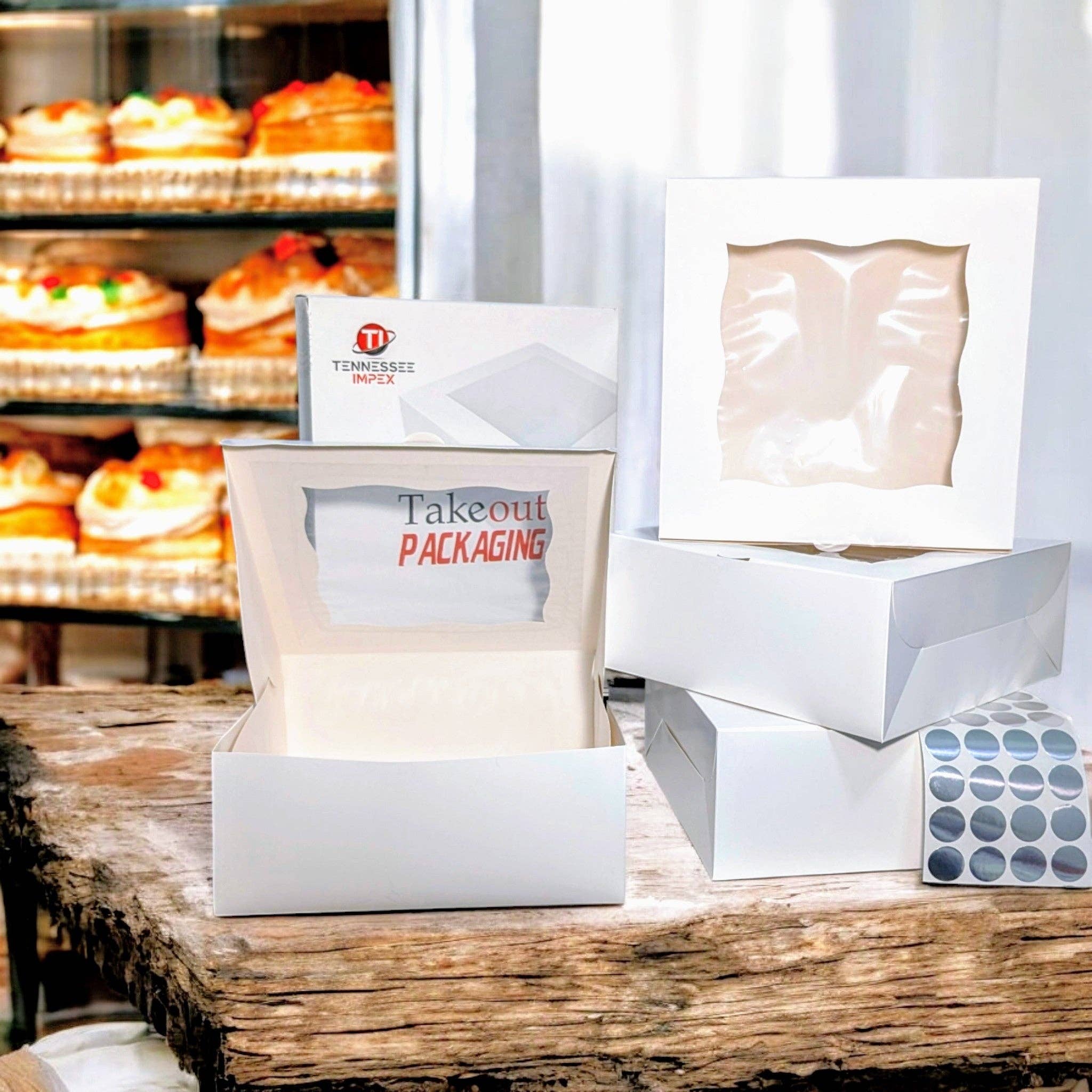 Tennessee IMPEX - Wholesale Cake Stand - 25-Pack Premium Cake Boxes with Clear Window | Durable Bleach Board Take-Out Packaging for Cakes, Cupcakes, Pies, Donuts & Treats – Large (12x12x5"), Medium (10x10x4"), Small (8.5x8.5x3") Sizes4