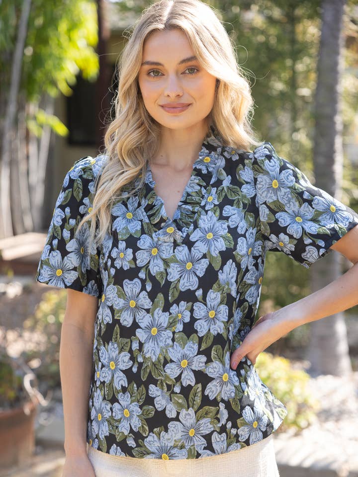 Blue 35286 Floral Jaquard Ruffle V Neck Top for wholesale on Faire