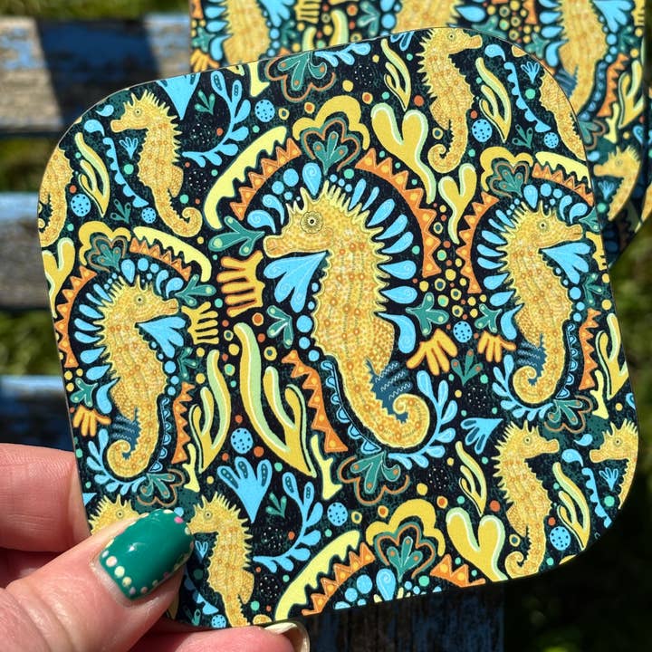 Onderzetter met zeepaardjespatroon, zeepaardjes, oceaan-onderzetter, kust voor wholesale door Slumbermonkey Designs