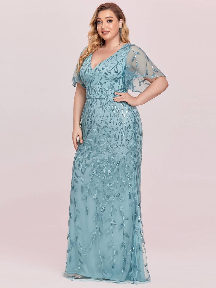 Ever-Pretty - Wholesale Gown - Women's - Plus Size V Neck Mermaid Sequin & Tulle Evening Dress12