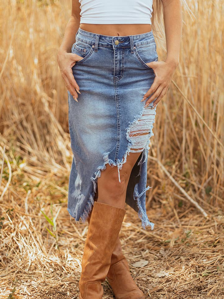 Irregular Distressed Bottom Denim Midi Skirt for wholesale by FULL TIME PURCHASE