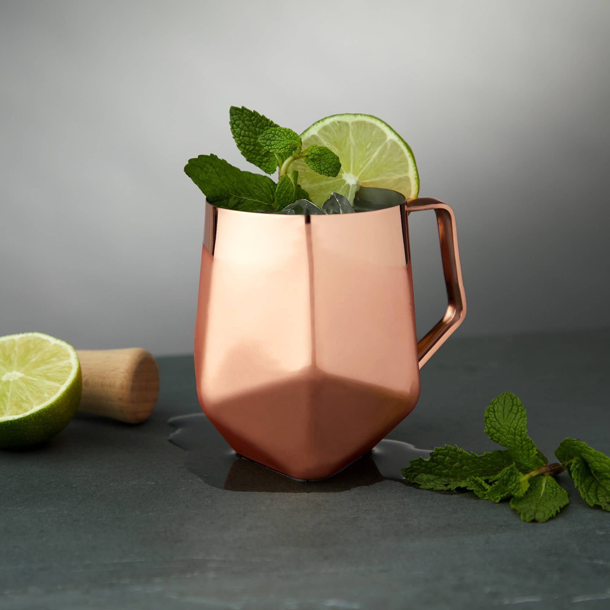 Viski - Wholesale Cocktail/Liquor Glass - Seneca™ Faceted Copper Plated Moscow Mule Mug3